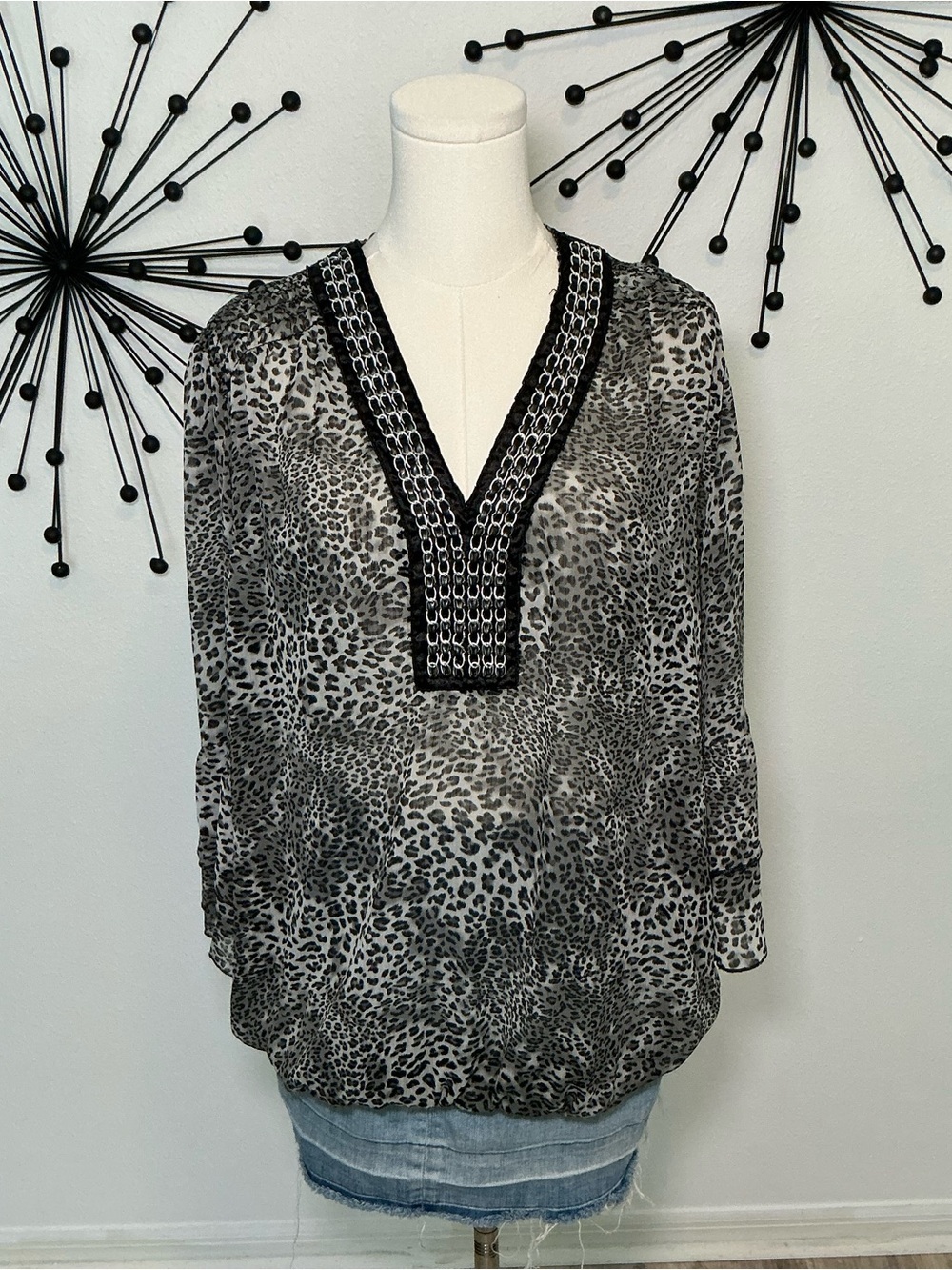 Evolution Black & Gray Leopard Print Sheer Blouse Size 2X